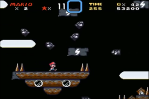In-game screenshot of the rom hack - Kaizo Returns Mario is on an airship armada. Bullet bills fire on a stormy night.