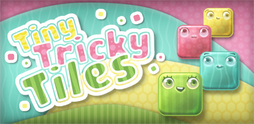 Promotional image for the game Tiny Tricky Tiles 4 differently colored blocks with cartoonish expressions stand next to the game's title.