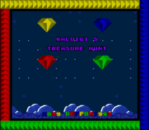 Title screen of the Super Mario World rom hack - Waluigi's Treasure Hunt Gem stones surround the title. Mountains are seen in the distance on a starlit night.