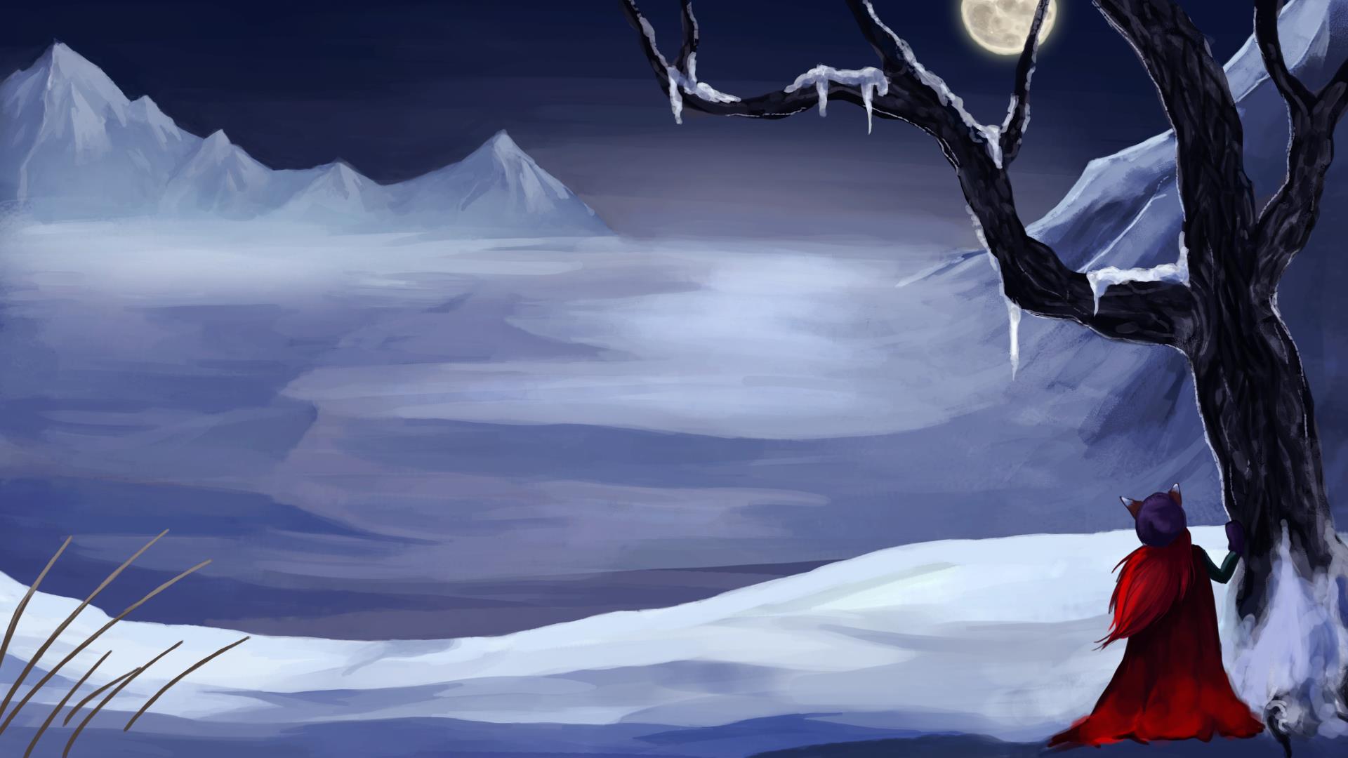 Title screen of the game - Winter Dreams A natively dressed women stares into the distance. The dark landscape is covered in snow and ice.